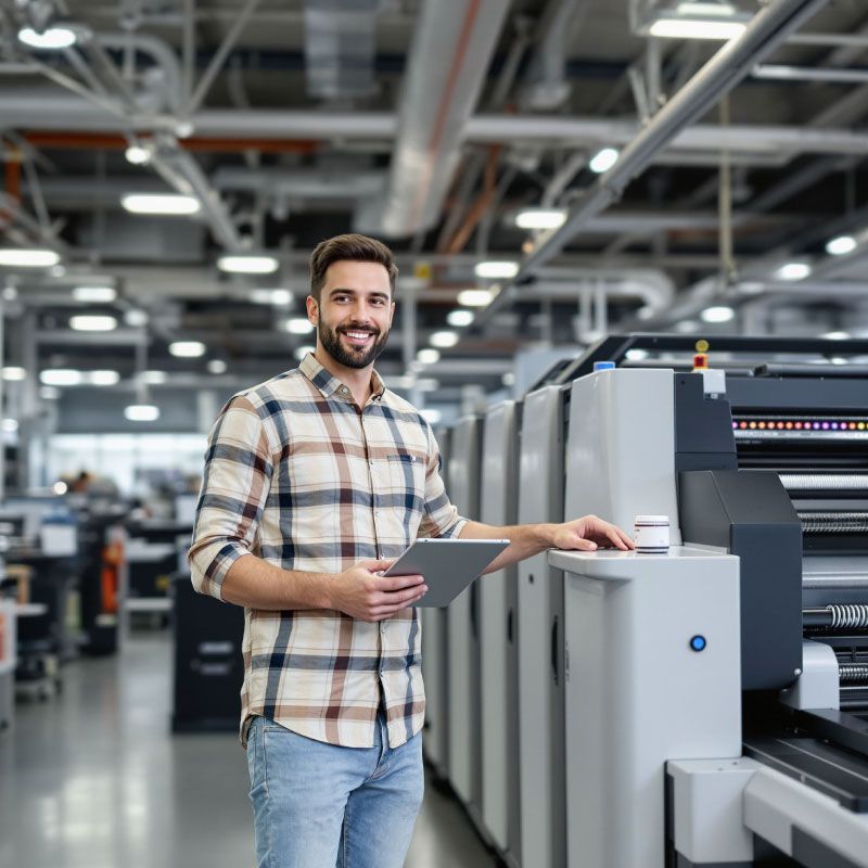 Stéphane Caloone imprimeur à Lille devant une machine dans l'atelier