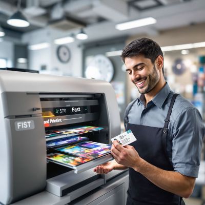 Imprimeur devant machine numérique contrôlant une impression de carte de visite