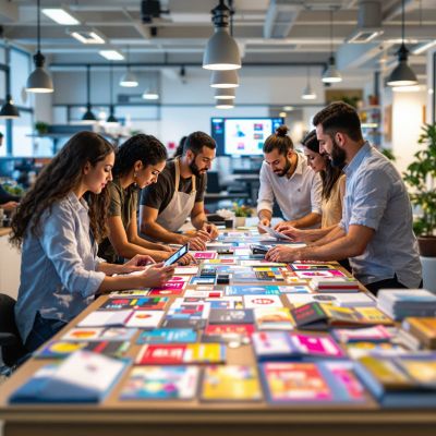 Grande table en bois avec 6 collaborateurs autour réalisant un contrôle des dépliants