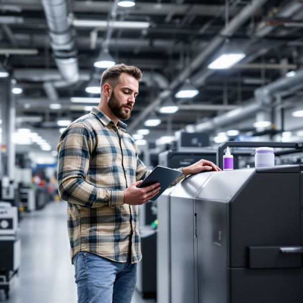 Employé avec une tablette à coté d'une imprimante numérique dans l'atelier Caloone