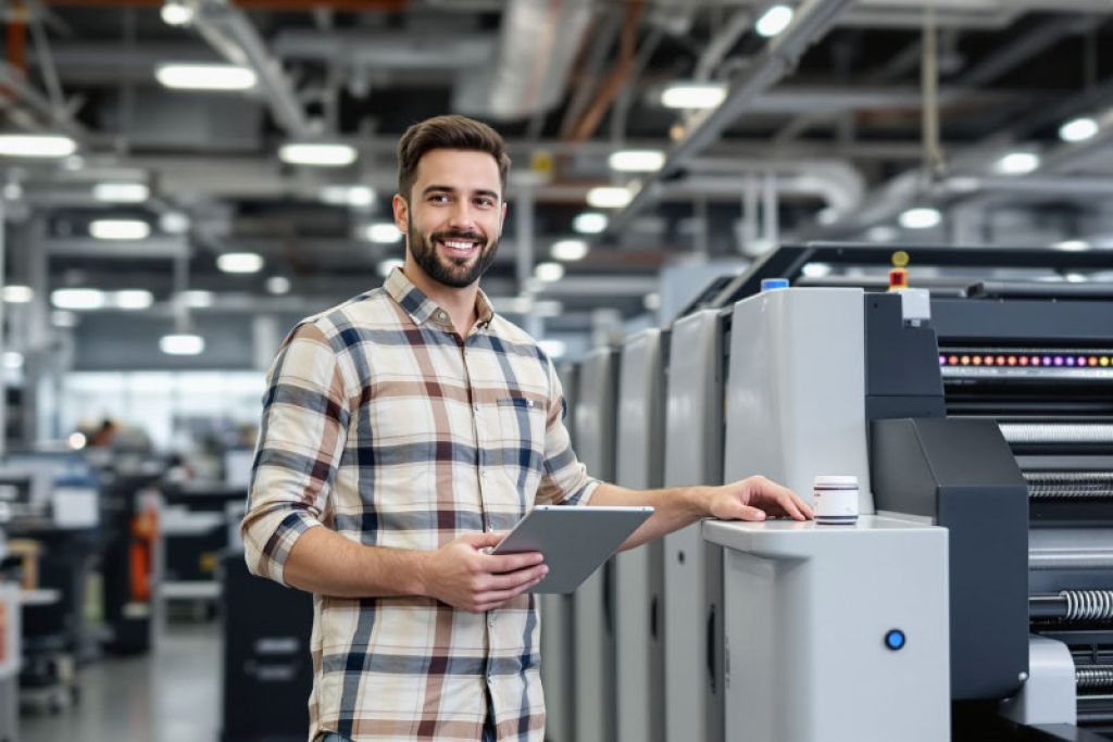 Stéphane Caloone imprimeur à Villeneuve-d'Ascq devant une machine dans l'atelier